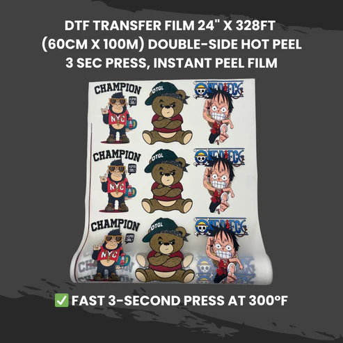 DTF Transfer Film 24" x 328FT Double-Side Hot Peel – 3 Sec Press, Instant Peel Film