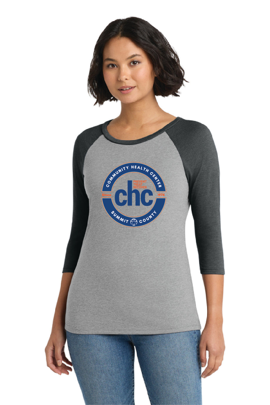 DM136L District® Women’s Perfect Tri® 3/4-Sleeve Raglan CIRCLE CHC-46