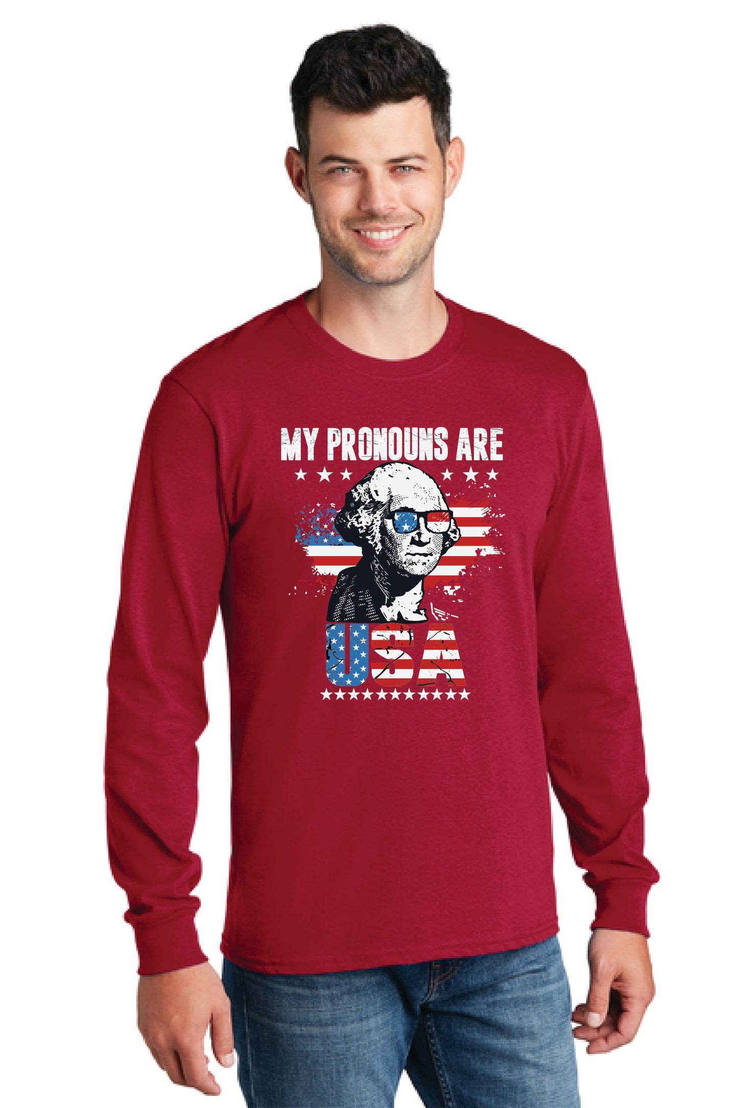 MY PRONOUNS ARE U. S. A. PC54LS Port & Company® Long Sleeve Core Cotton Tee 19