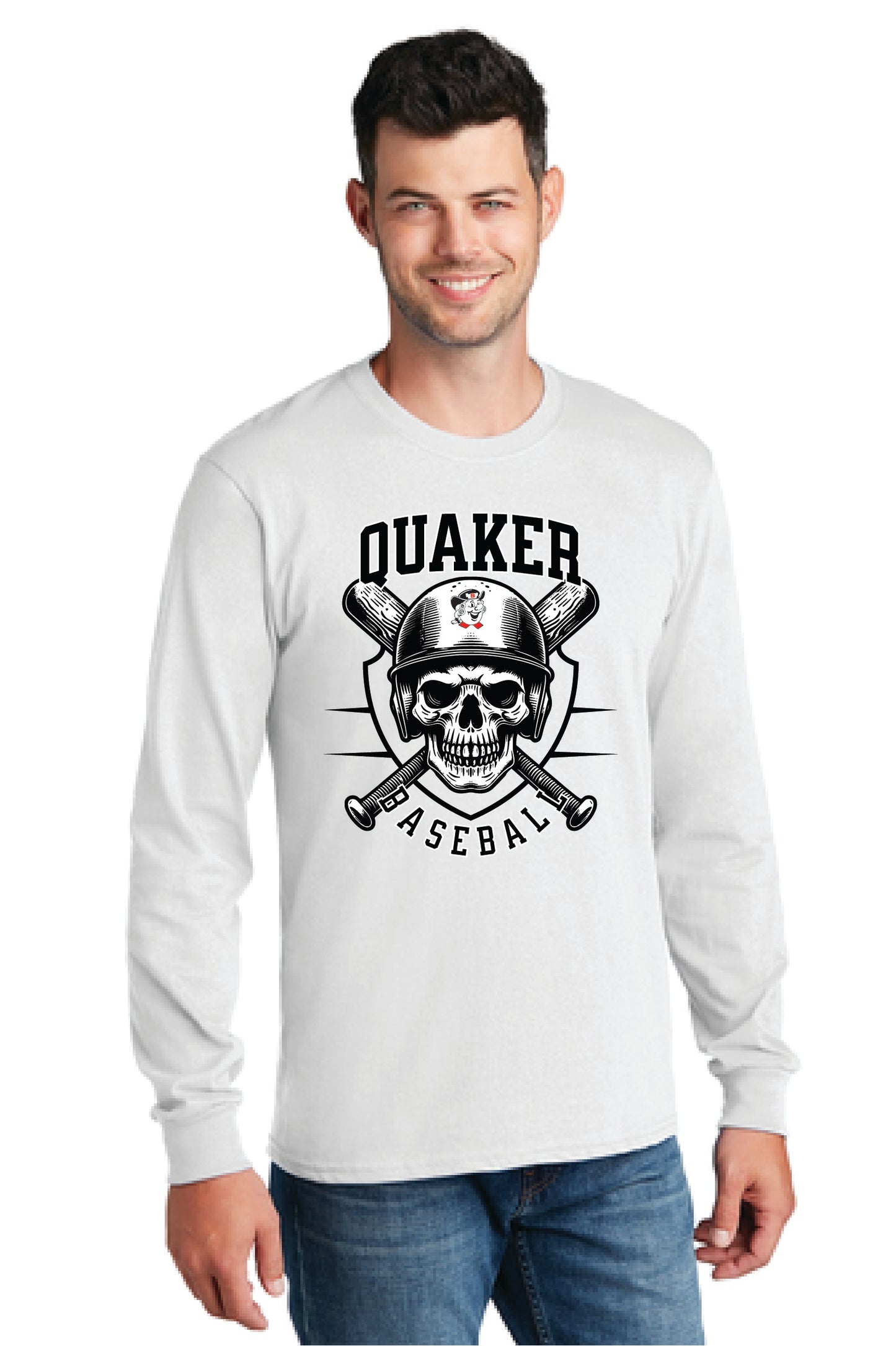 QUAKERS BASEBALL SKULL PC54LS Port & Company® Long Sleeve Core Cotton Tee 1