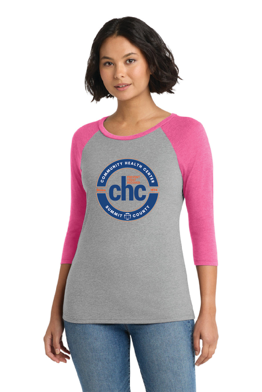 DM136L District® Women’s Perfect Tri® 3/4-Sleeve Raglan CIRCLE CHC-46